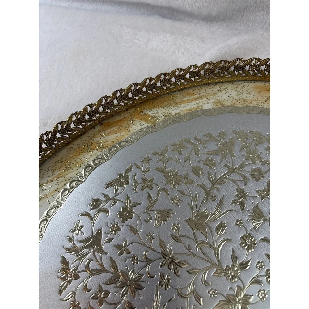 VTG 60s MCM HOLLYWOOD REGENCY GLASS & BIRD FLORAL FILIGREE ORMOLU VANITY TRAY